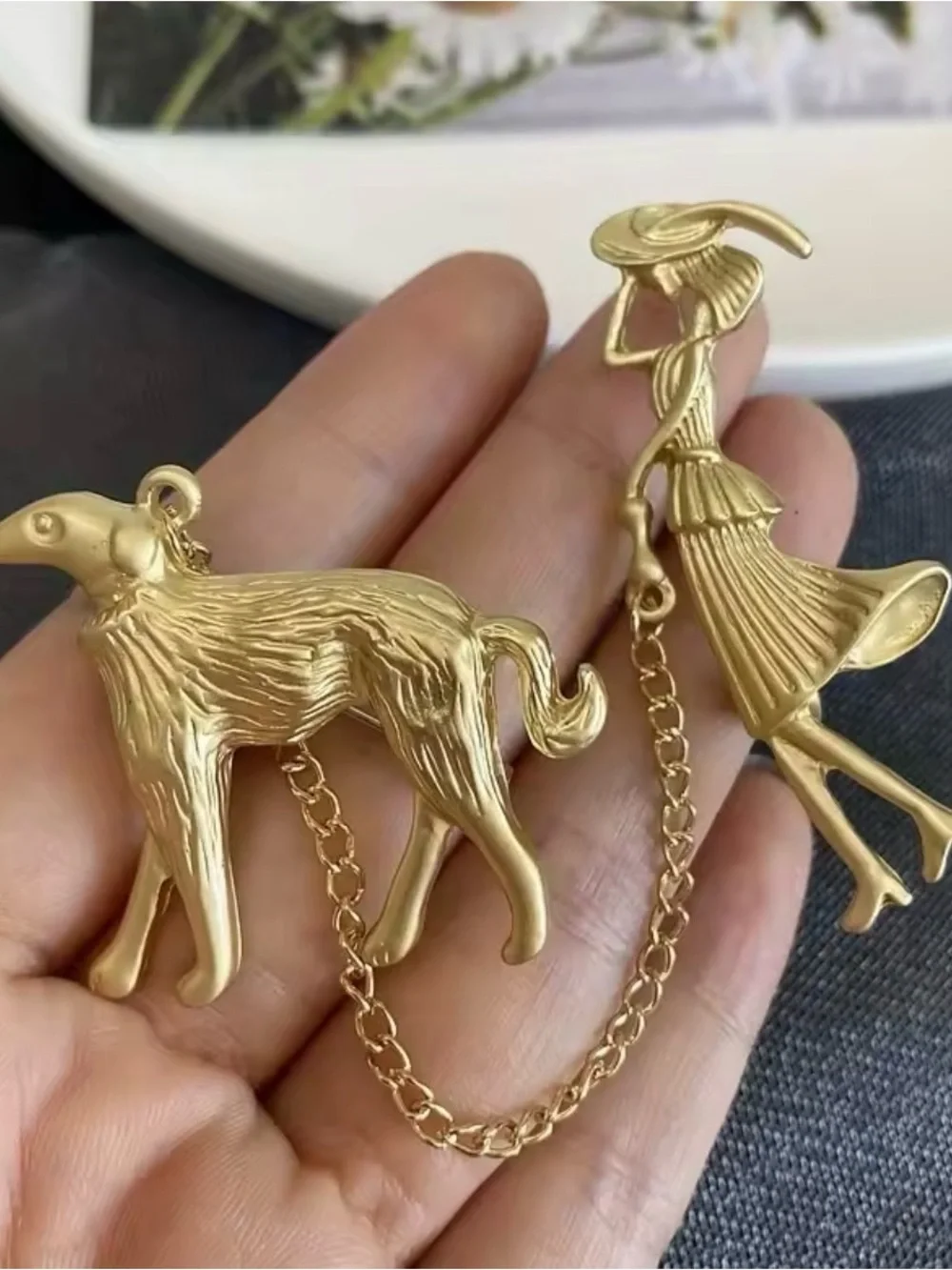 Lady Walking Dog Chain Brooch